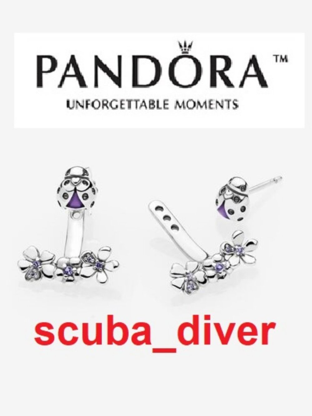 Pandora Ladybird Ladybug Meadow Jacket Earrings 925 Sterling Silver Purple CZ